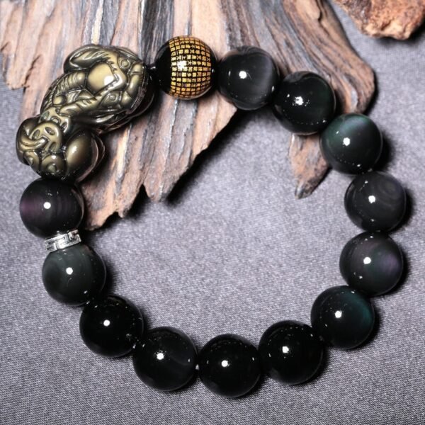 buddhaobject-Men's Obsidian Pixiu Bracelet-1 Black Obsidian Pixiu Bracelet for Men | Color-Eye Obsidian Beaded Bracelet for Wealth & Protection (14mm)