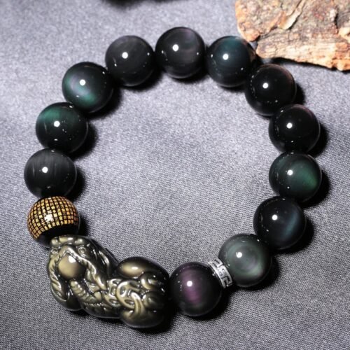 buddhaobject-Men's Obsidian Pixiu Bracelet-3 Black Obsidian Pixiu Bracelet for Men | Color-Eye Obsidian Beaded Bracelet for Wealth & Protection (14mm)