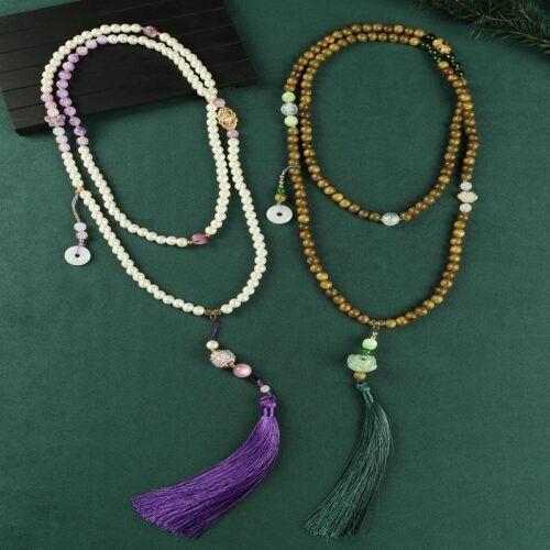 buddhaobject-Red Cinnabar Long Necklace-10 Oriental Red Cinnabar Long Necklace with Sandalwood Tassel | Handcrafted Glass Bead Pendant Chain (81cm+)