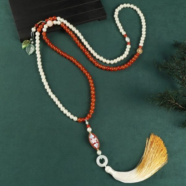 Oriental Red Cinnabar Long Necklace with Sandalwood Tassel | Handcrafted Glass Bead Pendant Chain (81cm+)