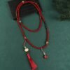 Oriental Red Cinnabar Long Necklace with Sandalwood Tassel | Handcrafted Glass Bead Pendant Chain (81cm+)