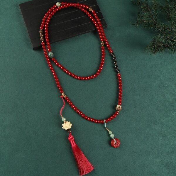 Oriental Red Cinnabar Long Necklace with Sandalwood Tassel | Handcrafted Glass Bead Pendant Chain (81cm+)