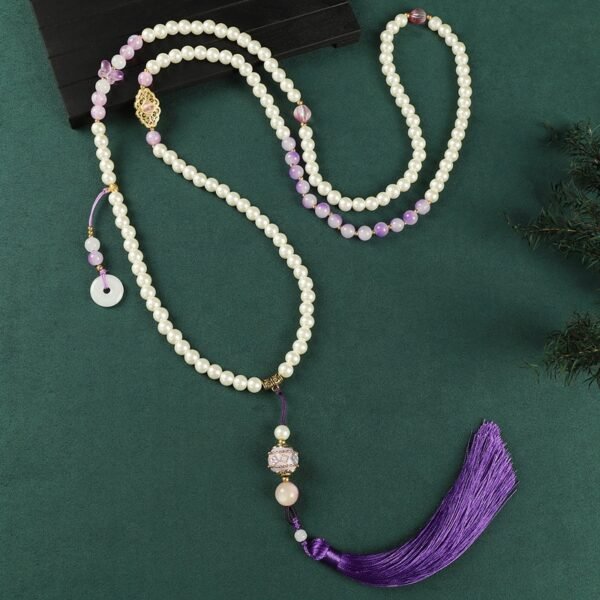 Oriental Red Cinnabar Long Necklace with Sandalwood Tassel | Handcrafted Glass Bead Pendant Chain (81cm+)