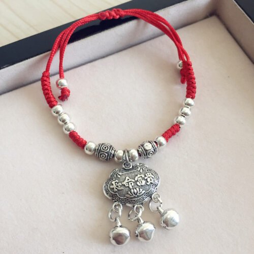 Vintage Ethnic Red Rope Bell Bracelet | Handmade Tibetan Silver Lucky Charm Anklet for Couples & Women