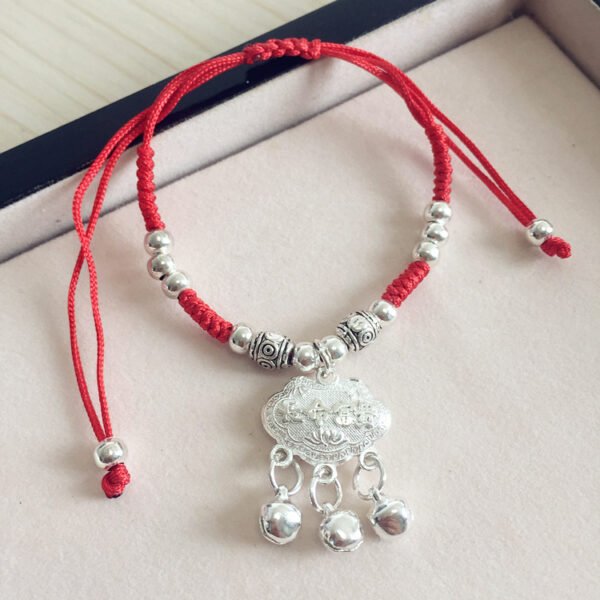 buddhaobject Vintage Ethnic Red Rope Bell Bracelet-silver bell longevity lock Vintage Ethnic Red Rope Bell Bracelet | Handmade Tibetan Silver Lucky Charm Anklet for Couples & Women
