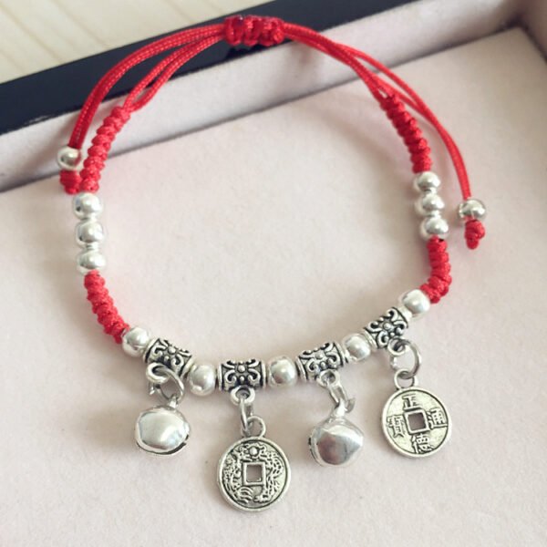 buddhaobject Vintage Ethnic Red Rope Bell Bracelet-small copper coins Vintage Ethnic Red Rope Bell Bracelet | Handmade Tibetan Silver Lucky Charm Anklet for Couples & Women