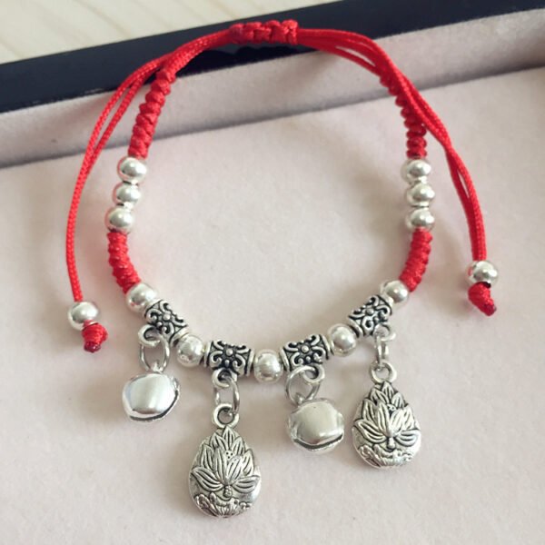 buddhaobject Vintage Ethnic Red Rope Bell Bracelet-water drop lotus Vintage Ethnic Red Rope Bell Bracelet | Handmade Tibetan Silver Lucky Charm Anklet for Couples & Women