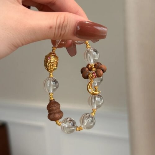 Chinese White Crystal & Sandalwood Gourd Bracelet | Handmade Peace & Blessing Beaded Jewelry for Women