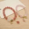 buddhaobject-natural strawberry quartz pink crystal bracelet niche high sense blessing card flower pendant crystal bracelet bracelet Natural Strawberry Quartz Crystal Bracelet | Pink Crystal Beaded Bracelet with Floral Pendant & Lucky Charm for Women (8.5mm)