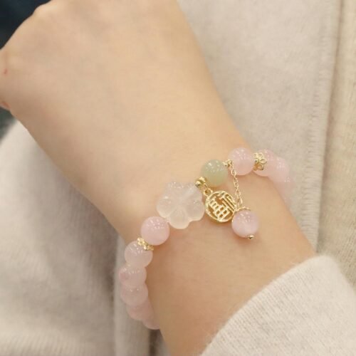 Natural Strawberry Quartz Crystal Bracelet | Pink Crystal Beaded Bracelet with Floral Pendant & Lucky Charm for Women (8.5mm)