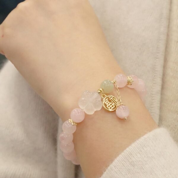 buddhaobject-pink crystal flower blessing card bracelet- Natural Strawberry Quartz Crystal Bracelet | Pink Crystal Beaded Bracelet with Floral Pendant & Lucky Charm for Women (8.5mm)