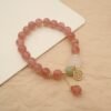 buddhaobject-strawberry quartz flower blessing card bracelet- Natural Strawberry Quartz Crystal Bracelet | Pink Crystal Beaded Bracelet with Floral Pendant & Lucky Charm for Women (8.5mm)