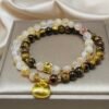 buddhaobjectJinba Yellow Pagoda Crystal Tiger Eye Stone Stacking Bracelet-1 Natural Yellow Citrine Tiger Eye Bracelet | Gold-Plated Gourd Crystal Beaded Bracelet with Zircon Charm for Women (6mm)