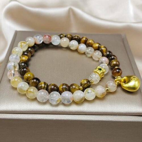 Natural Yellow Citrine Tiger Eye Bracelet | Gold-Plated Gourd Crystal Beaded Bracelet with Zircon Charm for Women (6mm)