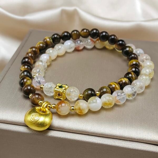 buddhaobjectJinba Yellow Pagoda Crystal Tiger Eye Stone Stacking Bracelet-3 Natural Yellow Citrine Tiger Eye Bracelet | Gold-Plated Gourd Crystal Beaded Bracelet with Zircon Charm for Women (6mm)
