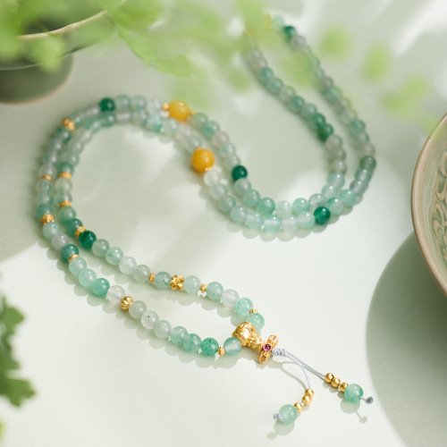 Handcrafted African Jade Necklace with Vajra Pendant and Amber Beads – 108 Beads Elegant Women’s Necklace