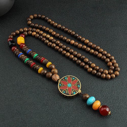 Chinese Style Thangka Wooden Bead Necklace | Unisex Long Pendant Sweater Chain (80cm, Handmade)