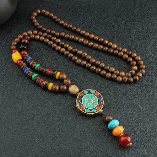 buddhaobject-Chinese Thangka Wooden Bead Long Necklace Handmade-2 Chinese Style Thangka Wooden Bead Necklace | Unisex Long Pendant Sweater Chain (80cm, Handmade)