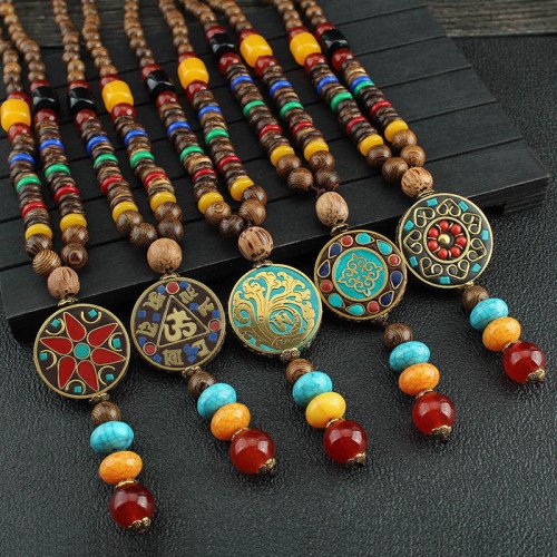 Chinese Style Thangka Wooden Bead Necklace | Unisex Long Pendant Sweater Chain (80cm, Handmade)