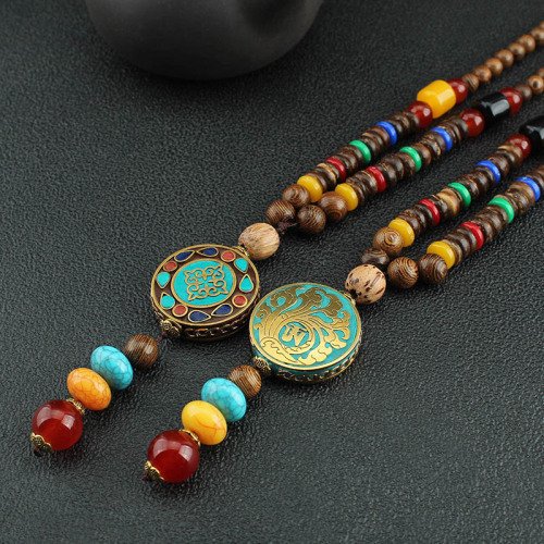 buddhaobject-Chinese Thangka Wooden Bead Long Necklace Handmade-4 Chinese Style Thangka Wooden Bead Necklace | Unisex Long Pendant Sweater Chain (80cm, Handmade)
