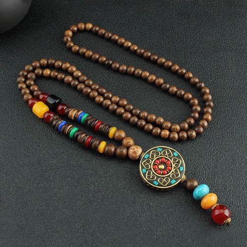 buddhaobject-Chinese Thangka Wooden Bead Long Necklace Handmade-5 Chinese Style Thangka Wooden Bead Necklace | Unisex Long Pendant Sweater Chain (80cm, Handmade)