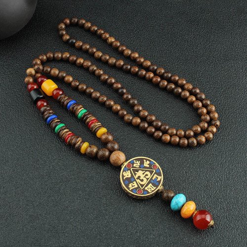 buddhaobject-Chinese Thangka Wooden Bead Long Necklace Handmade-7 Chinese Style Thangka Wooden Bead Necklace | Unisex Long Pendant Sweater Chain (80cm, Handmade)