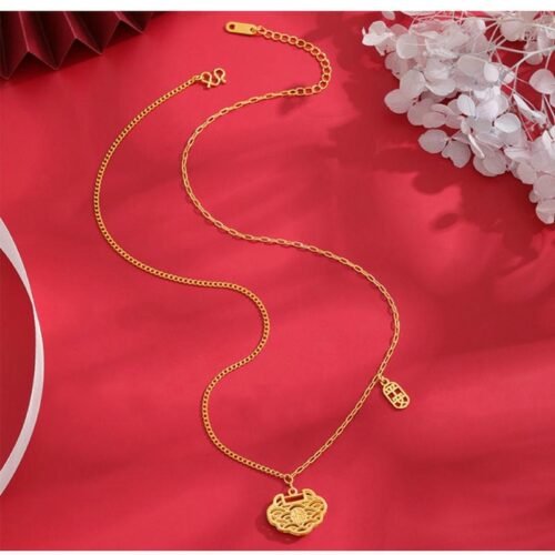 buddhaobject-Gold-Plated Blessing Pendant Necklace-1 Gold-Plated Blessing Pendant Necklace | Hollow Filigree “Fu” Peace Lock Design (41–50cm)