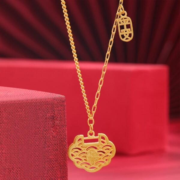 buddhaobject-Gold-Plated Blessing Pendant Necklace-3 Gold-Plated Blessing Pendant Necklace | Hollow Filigree “Fu” Peace Lock Design (41–50cm)