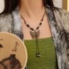 buddhaobject-Vintage Chinese Handmade Butterfly Ceramic Necklace-4 Vintage Chinese Handmade Butterfly Ceramic Necklace | Elegant Long Pendant Chain (70cm)