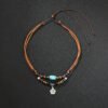 Vintage Wooden Bead Necklace with Blue Turquoise Wax Cord & Metal Flower Charm (60cm)
