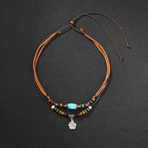 Vintage Wooden Bead Necklace with Blue Turquoise Wax Cord & Metal Flower Charm (60cm)