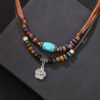 Vintage Wooden Bead Necklace with Blue Turquoise Wax Cord & Metal Flower Charm (60cm)