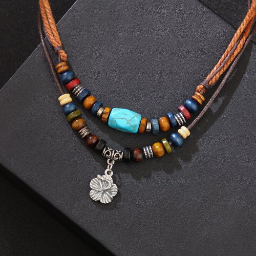 Vintage Wooden Bead Necklace with Blue Turquoise Wax Cord & Metal Flower Charm (60cm)
