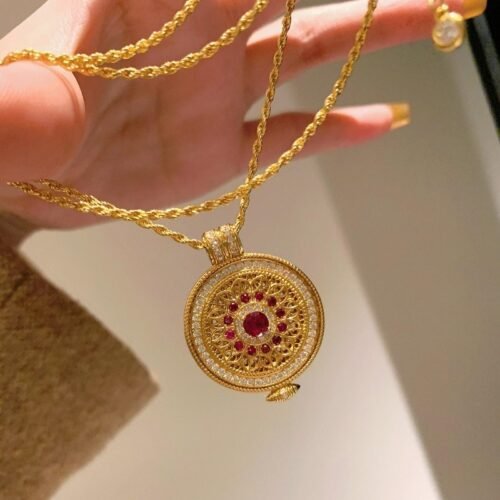 Full Crystal Ruby Rose Compass Necklace – Chinese Vintage Style