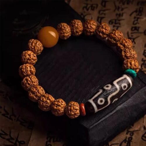 Natural Vajra Bodhi Seed Bracelet with Tibetan Nine-Eye Dzi