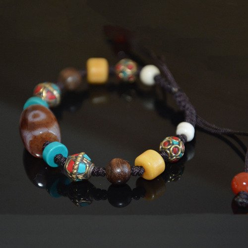 buddhaobject-Tibetan Three-Eyed Dzi Bead Multi-Gem Bracelet Tibetan Three-Eyed Dzi Bead Multi-Gem Bracelet